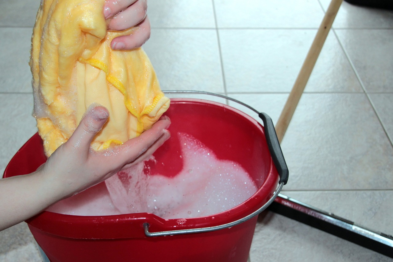 cleaning bucket, cleaning rags, soapy water