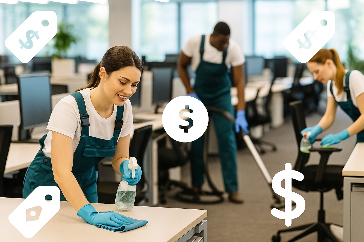 Brevard cleaning crew in uniforms wiping desks, vacuuming carpets, and sanitizing office workstations in a modern open-plan office, with price tags and cost-related icons subtly overlayed, bright and clean aesthetic, high-resolution
