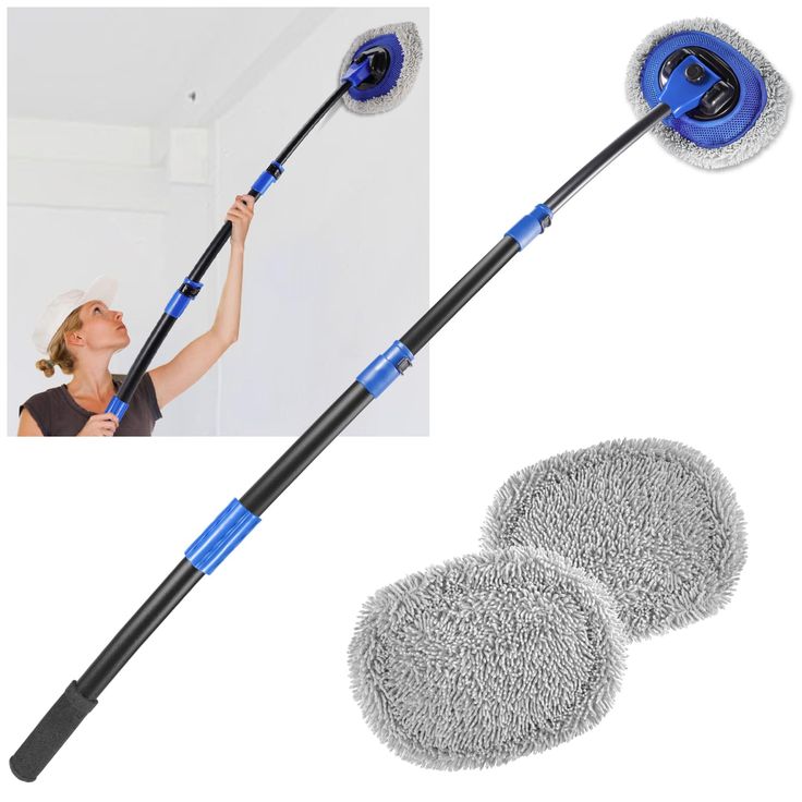 Brevard Home Cleaning - A woman uses an extendable cleaning tool with a microfiber pad to clean a ceiling; two replacement pads are shown below, making it perfect for those seeking mops for cleaning walls and hard-to-reach surfaces.