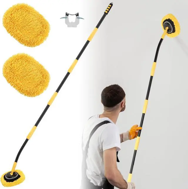 Brevard Home Cleaning - A person uses a long yellow and black extendable cleaning tool, ideal for mops for cleaning walls, with a round pad to clean a wall; two spare yellow pads and a wall mount are also shown.