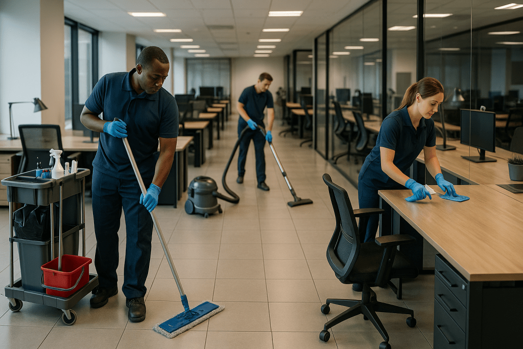 Commercial cleaning team working in a modern office building