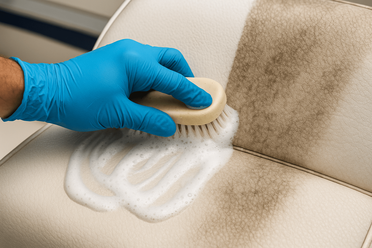 Hand scrubbing dirty vinyl to clean boat seats with visible before and after results