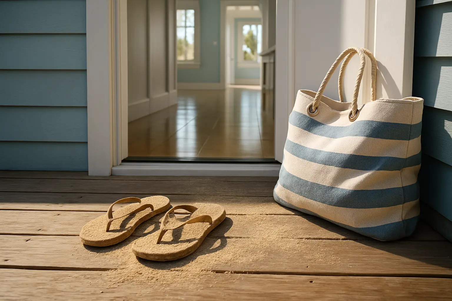 Beachgoer washing sand off feet before entering a modern beach house, with spotless entryway showing how to keep sand out of the house