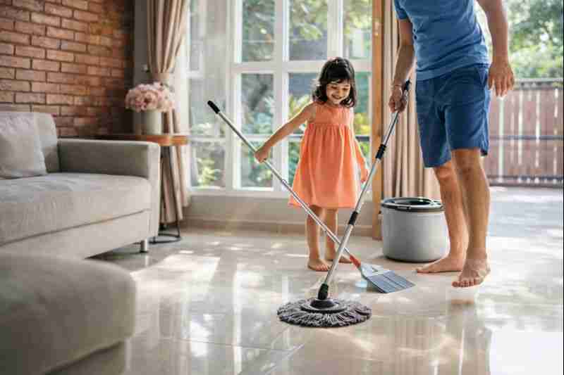 Father and Daughter Cleaning Together