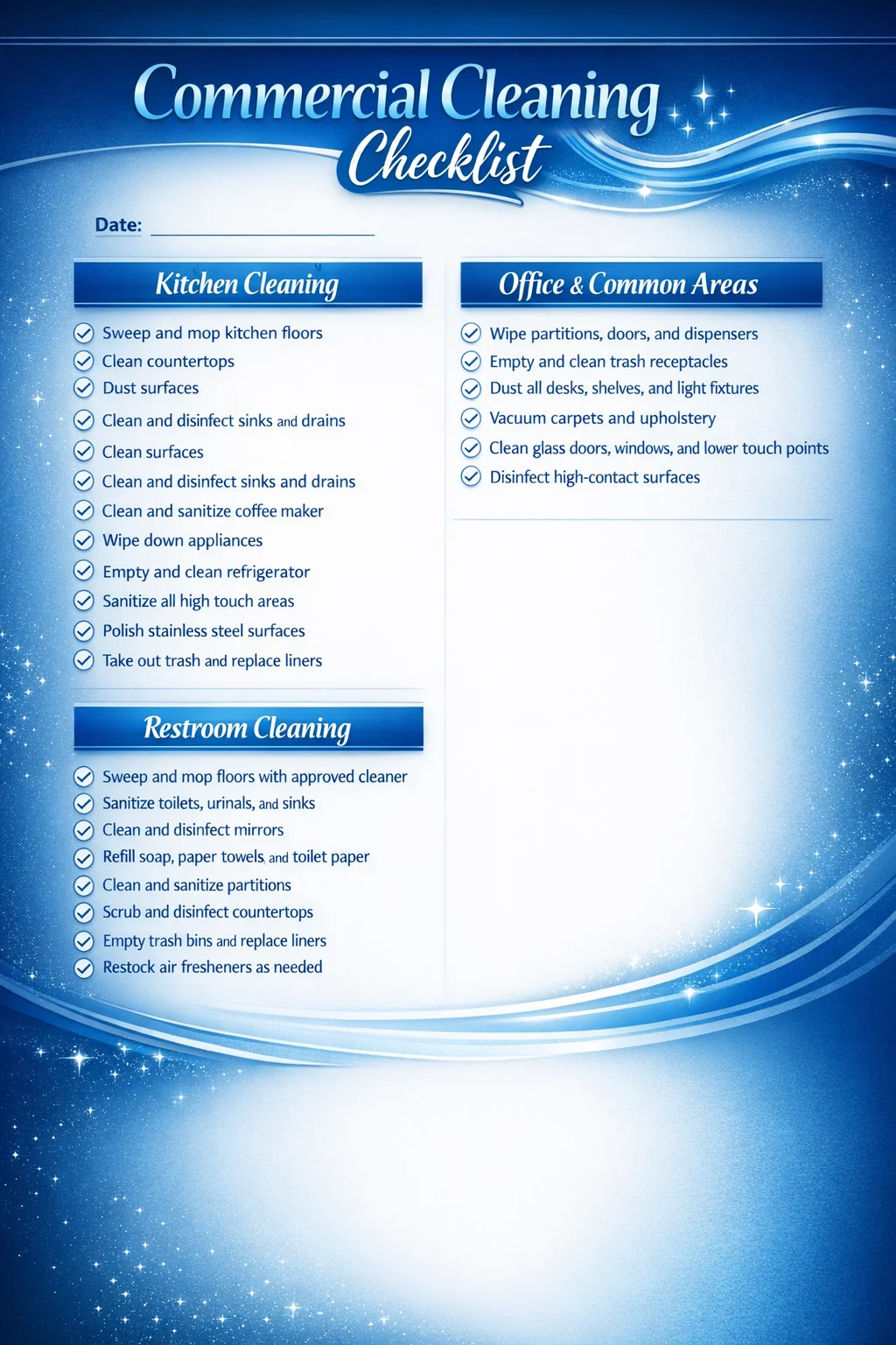 Complete detailed Commercial Cleaning Checklist